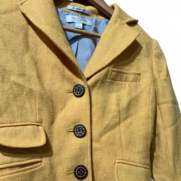 100% Shetland Wool Yellow Blazer W/ Statement Buttons Asymmetrical Pockets - Picture 6 of 8